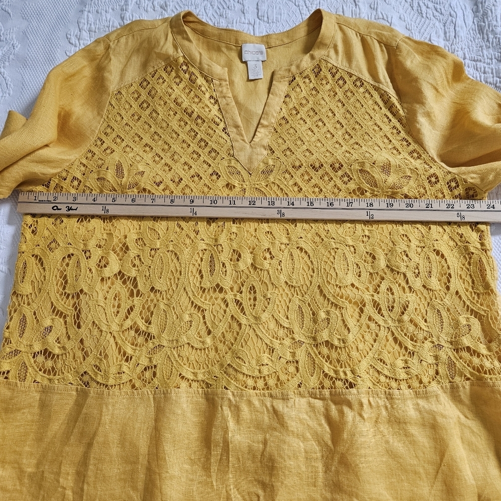 Chico’s 100% linen loose artsy lace top Lagenlook blouse yellow XL - Picture 8 of 10